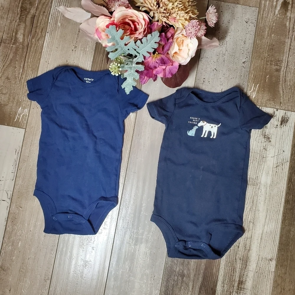 Carter's Baby Boy Size 12m Blue Onesie Bodysuit Bundle NWOT 2 Piece